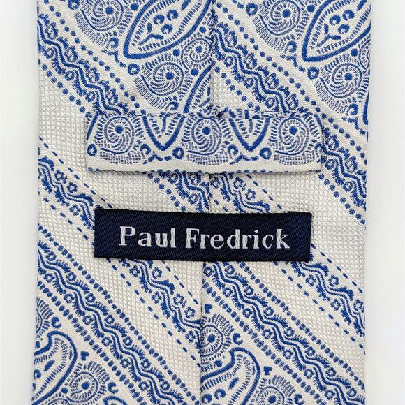 Paul Fredrick Silk Tie Paisley Geometric Stripe Textured Traditional Ivory Blue - Picture 2 of 8